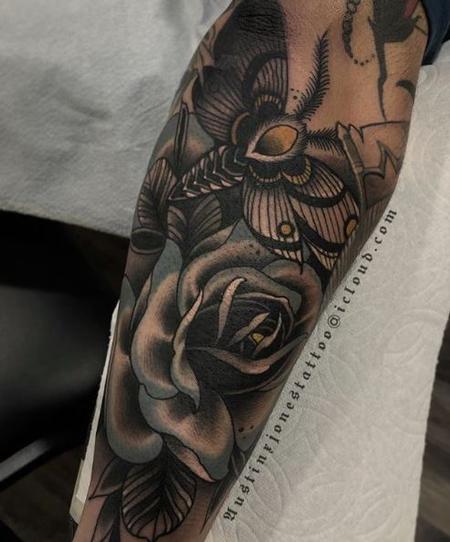 Rick Mcgrath - Dark Neo Traditional Moth and Rose Tattoo